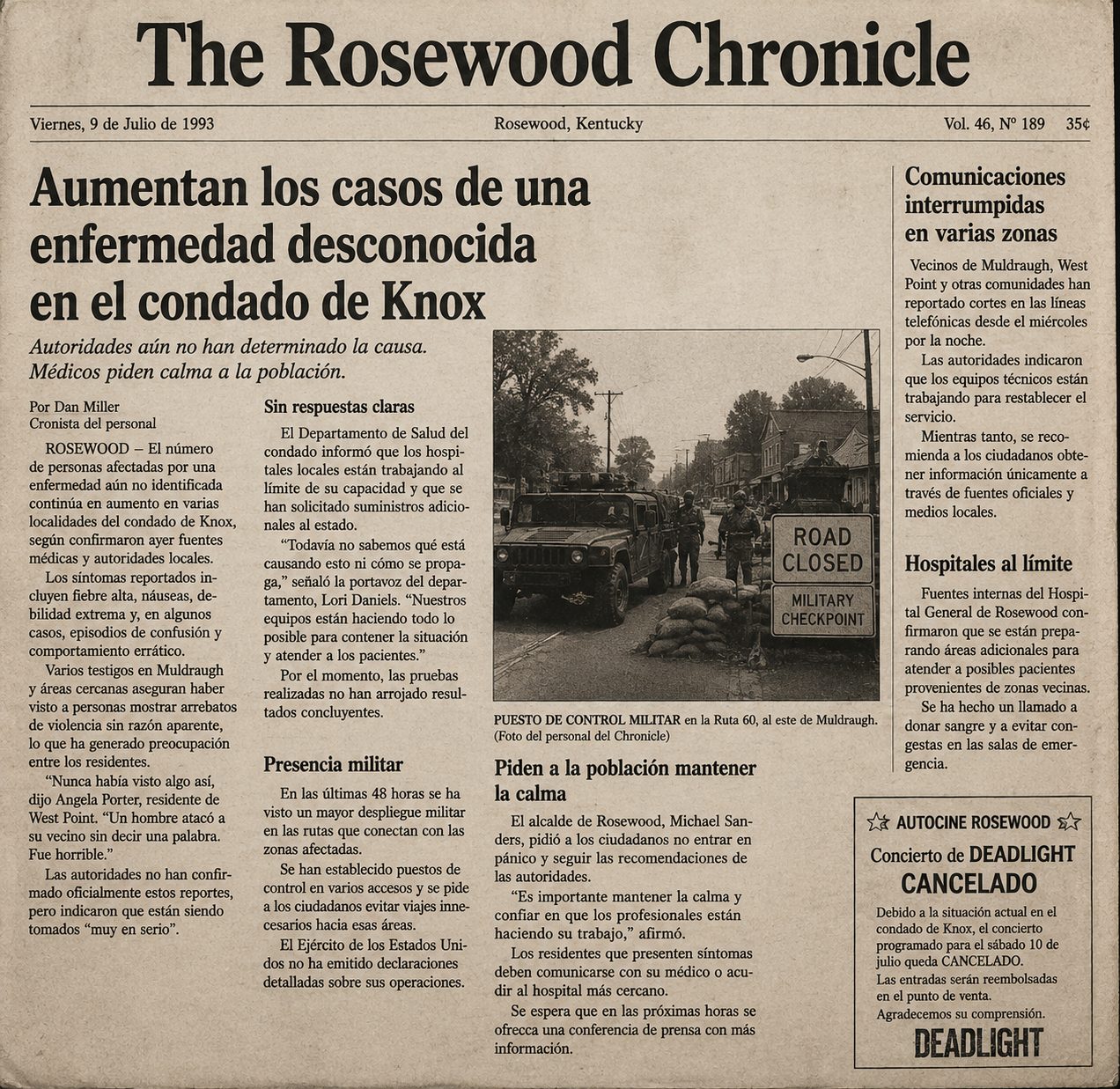Recorte de The Rosewood Chronicle, 9 de julio de 1993: Puestos militares en la Ruta 60 mientras hospitales llegan al límite.